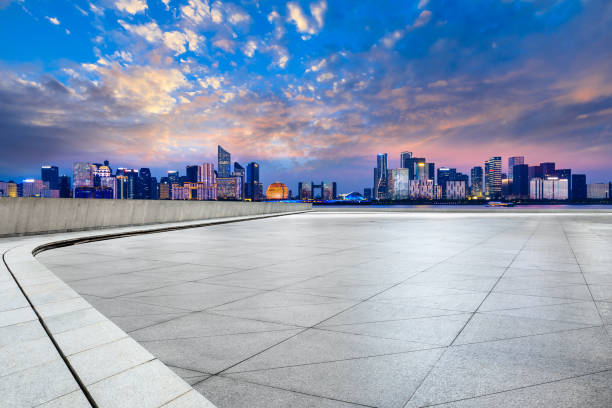 istock Empty floor and beautiful city night view in Hangzhou 1130104902