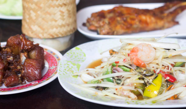 istock papaya salad.Fried pork.Grilled chicken and fresh vegetable Put on the table, use as a background 1130110854