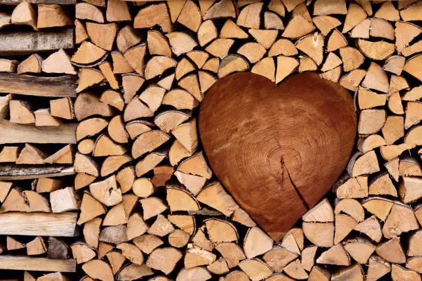Photo of Firewood, nicely assembled in the shape of heart, romantic background