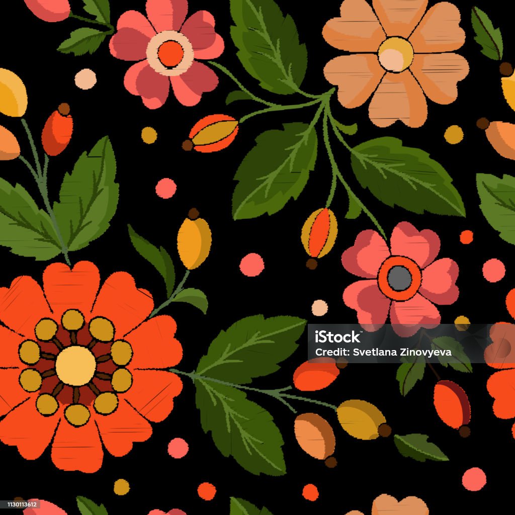 A pattern of embroidered flowers rose hips on a black background. Vector Backgrounds stock vector