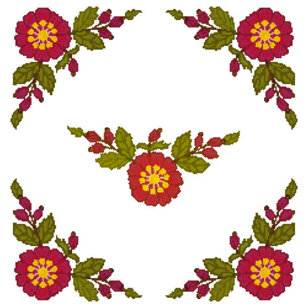 ścieg krzyżykowy elementu narożnego to czerwone kwiaty na białym tle. wektor - needlecraft product embroidery cross stitch flower stock illustrations