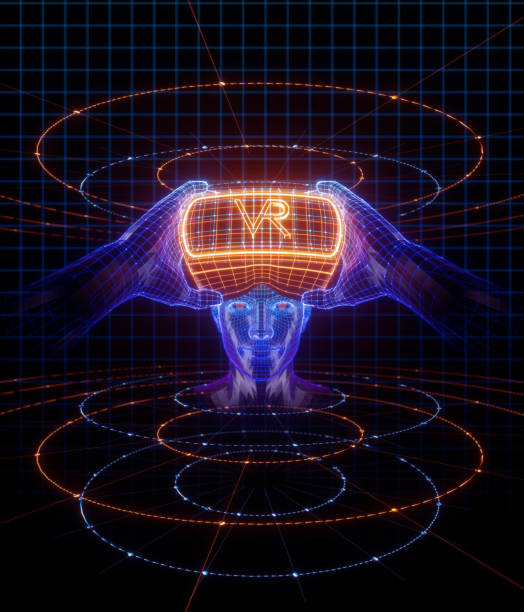 istock 3D render of virtual man holding virtual reality glasses surrounded by virtual data with neon orange lines and dots. Player begins the VR game. VR experience. 1130114549