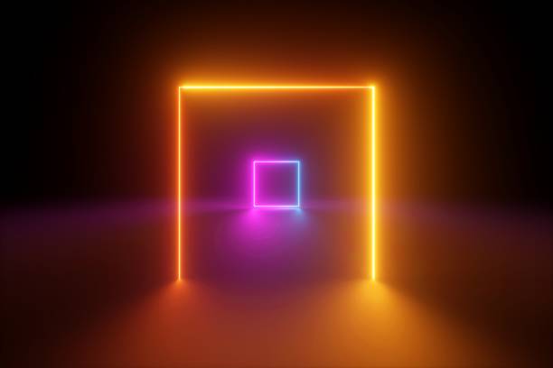 istock 3d rendering, yellow pink squares, neon light, blank frames, abstract ultraviolet background, glowing lines, portal, vibrant colors, empty room, tunnel, corridor, night club interior, fashion podium 1130114553