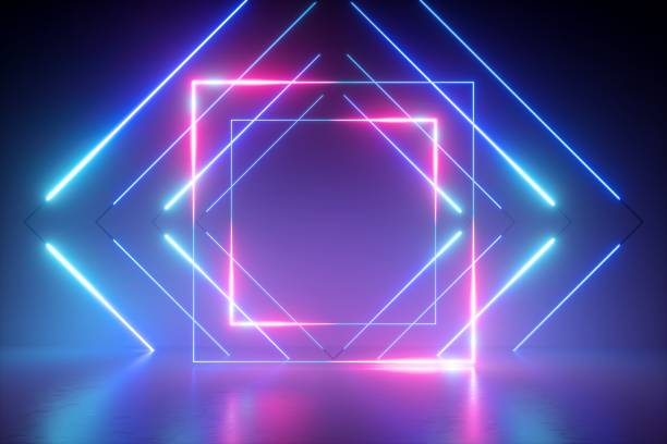 istock 3d render, blue pink neon light, blank square frame, abstract background, ultraviolet spectrum, virtual reality environment, laser show, fashion wallpaper, floor reflection 1130114658