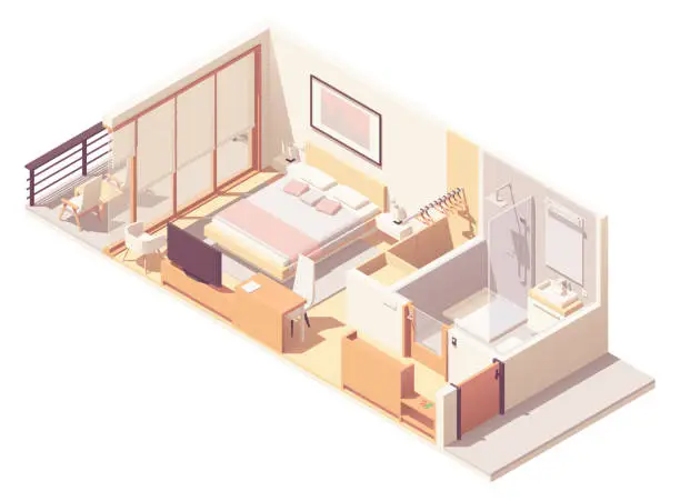 Vector illustration of Vector isometric hotel room cross-section