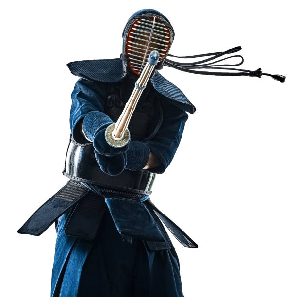 Kendo martial arts fighters man silhouette isolated white bacground