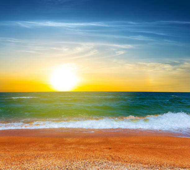 istock beautiful sandy sea beach scene at the dramatic sunset 1130119616