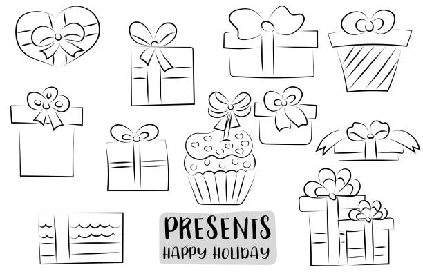 ilustrações, clipart, desenhos animados e ícones de celebração de caixas de presente apresenta um conjunto de ícones e objetos. mão desenhada cartoon estilo natal ou aniversário conceito de design. contorno de preto e branco para colorir jogo página. arte linha monocromática. ilustração em vetor. - christmas celebration beautiful surprise