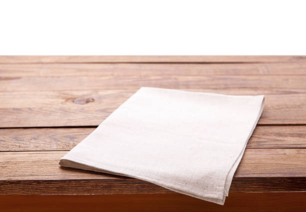 kitchen towel on empty wooden table. napkin close up top view mock up for design. kitchen rustic background. - pano da cozinha imagens e fotografias de stock
