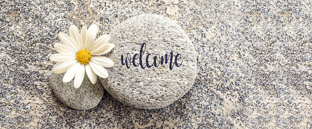Word Welcome written on a stone background with a daisy