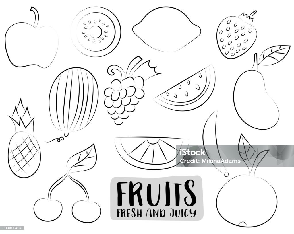 A set of cute fruits. Icons and stickers. Black and white outlined artwork lineart. Coloring page kids game. Vector illustration. Agriculture stock vector