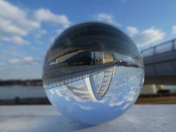 Novi Sad, Serbia, February 15th 2019. -  Landscape new bridge in lens ball,  over Danube river in Novi Sad, Serbia