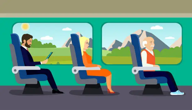Vector illustration of Passenger old man, young beautiful girl and businessman character sitting in chair on the train . Vector flat style illustration.