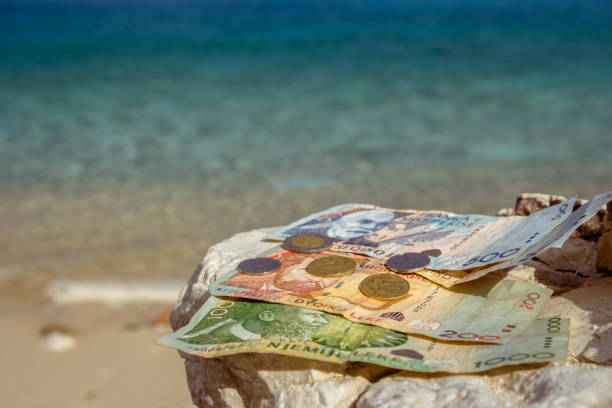 istock Albanian coins and banknotes on the beach. 1130125391