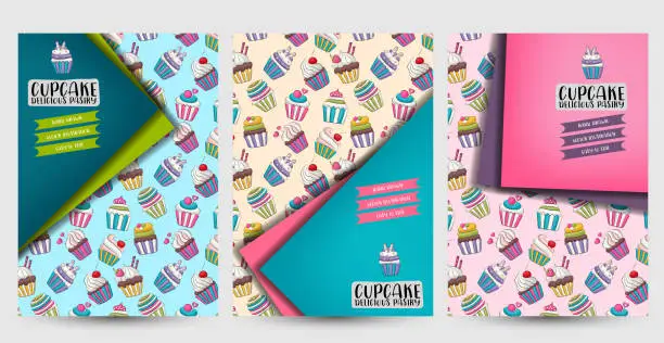 Vector illustration of Cupcake bakery flyer or posters set. Background for advertisement, menu, brochure template. Vector illustration.