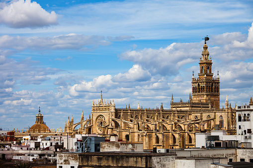 Spain, Andalusia, city of Seville, Cathedral of Saint Mary of the See (Spanish: Catedral de Santa Maria de la Sede) in Old Town skyline, Gothic style architecture
