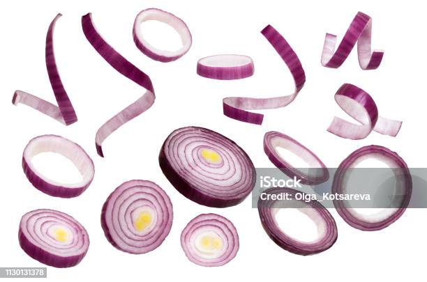 Sliced Red Onion Isolated On White Background Set Of Red Onion Slices Isolated On A White Background Closeup Stock Photo - Download Image Now