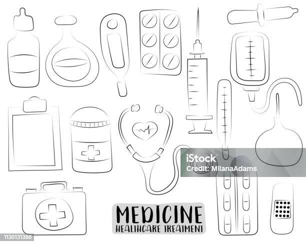 Medicine And Healthcare Set Of Icons And Objects Hand Drawn Cartoon Style Medical Clinic Design Concept Black And White Outline Coloring Page Kids Game Monochrome Line Art Vector Illustration Stock Illustration - Download Image Now