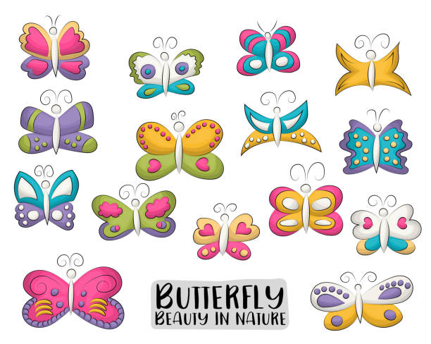 istock Tropical butterflies set of icons and objects. Hand drawn cartoon style summer or spring design concept. Vector illustration. 1130132220