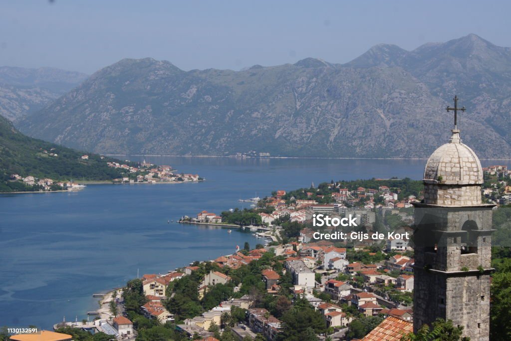 Kotor, Montenegro The majestic view from the kotor fortress, Montenegro Bay of Water Stock Photo