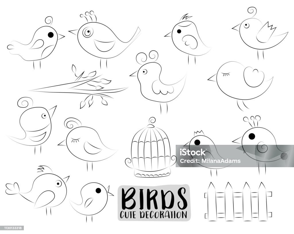 Bộ Biểu Tượng Và Đồ Vật Chim Dễ Thương Vẽ Tay Doodle Phong Cách Hoạt Hình  Theo Phong Cách Thiết Kế Nhiệt Đới Mùa Xuân Và Mùa Hè Màu Đen Và Trắng