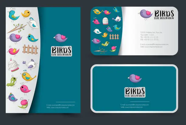 Vector illustration of Cute birds flyer and business cards set. Background for advertisement, invitation, brochure template. Hand drawn doodle cartoon style spring and summer tropical concept. Vector illustration.