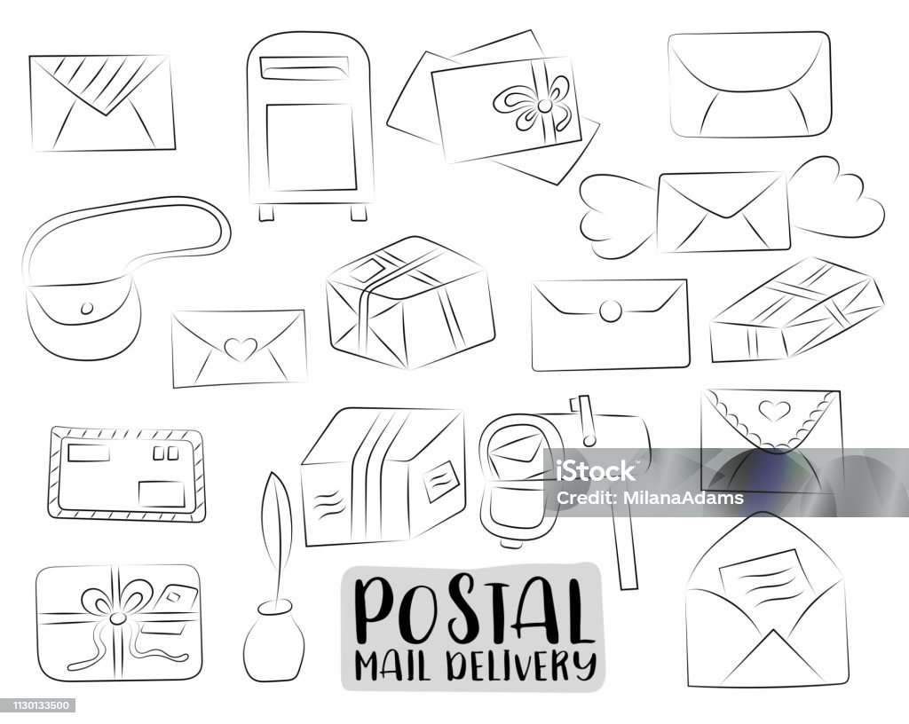 Postal service set of icons and objects. Hand drawn doodle cartoon style mail and package delivery courier design concept. Black and white outline coloring page kids game. Monochrome doodle line art. Vector illustration. Black And White stock vector