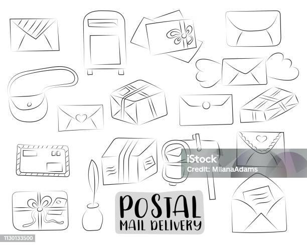 Postal Service Set Of Icons And Objects Hand Drawn Doodle Cartoon Style Mail And Package Delivery Courier Design Concept Black And White Outline Coloring Page Kids Game Monochrome Doodle Line Art Vector Illustration Stock Illustration - Download Image Now