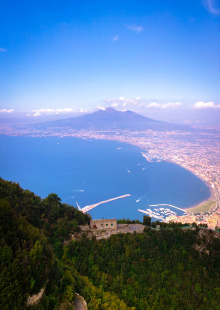 Landscape view of beautiful green mountains and Mount Vesuvius and the Bay of Naples from Mount Faito, Naples (Napoli), Italy, Europe stock photo