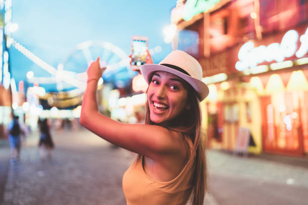 istock Happy girl at the amusement park 1130133585