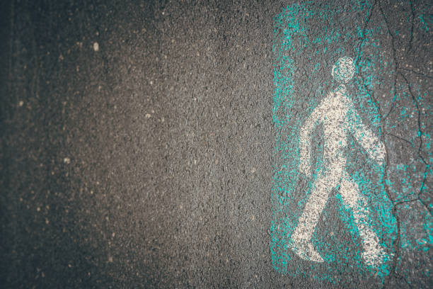 White road directions painted on black asphalt
