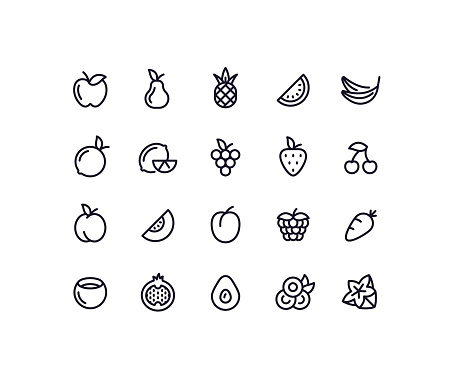 Set of fruit outline vector icons.