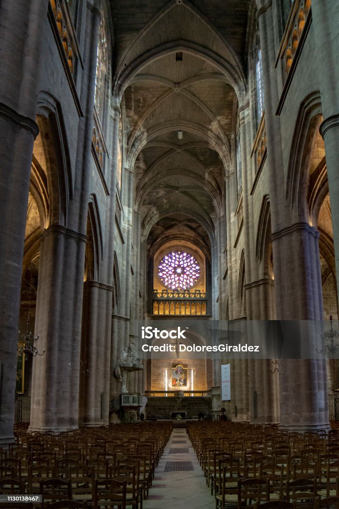 Interior of the Gothic Cathedral of Rodez Rodez, France - June 2015: Interior of the Gothic Cathedral of Rodez, Aveyron department of Midi Pyrenees Cathedral Stock Photo