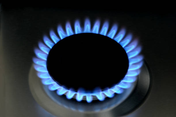istock Natural gas burning on kitchen gas stove on black 1130139286