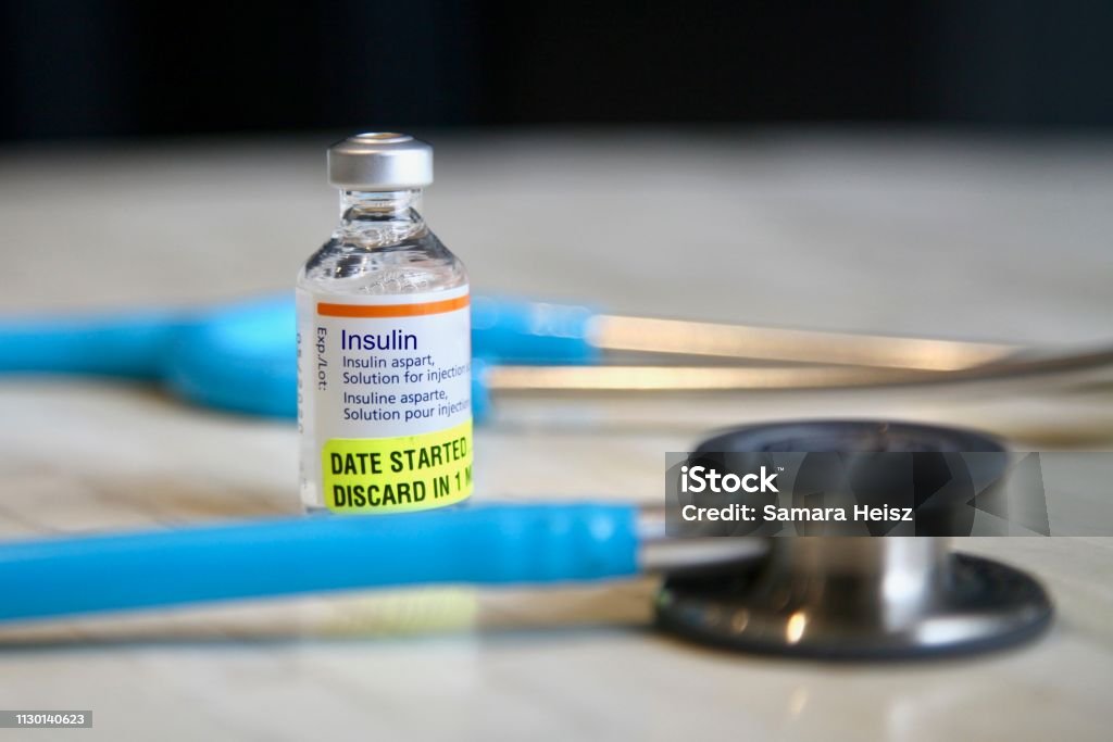 Insulin aspart (rapid acting) for diabetic patients Concept of insulin, fake label Insulin Stock Photo