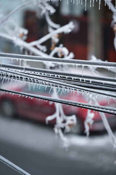Electricity cables covered in ice after frozen rain phenomenon