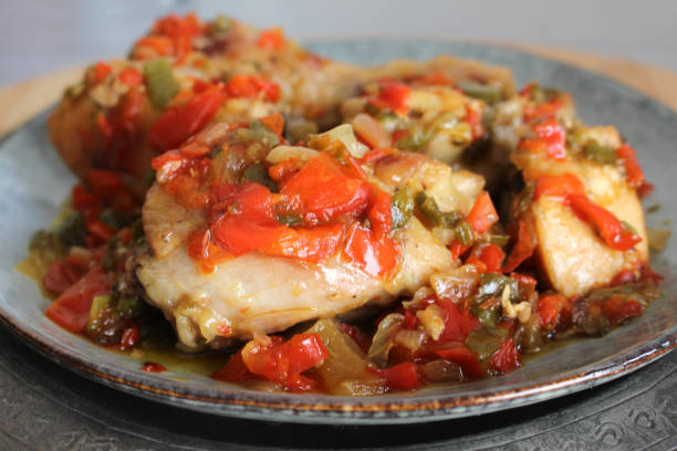 Chilindron Chicken Typical Spanish dish. Traditional Spanish recipe. cebolla stock pictures, royalty-free photos & images