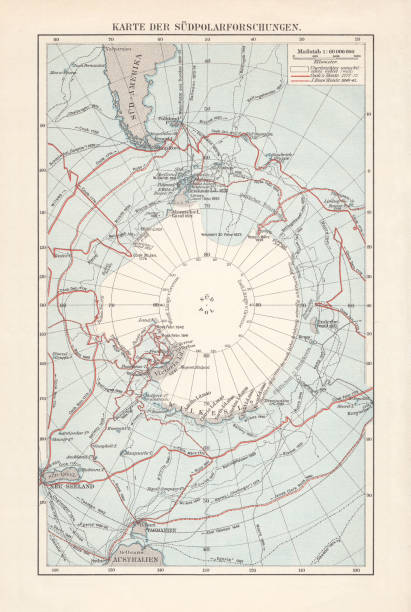 ilustraciones, imágenes clip art, dibujos animados e iconos de stock de mapa de la antártida con las rutas marítimas de varios exploradores, litografía, 1897 - paso marítimo