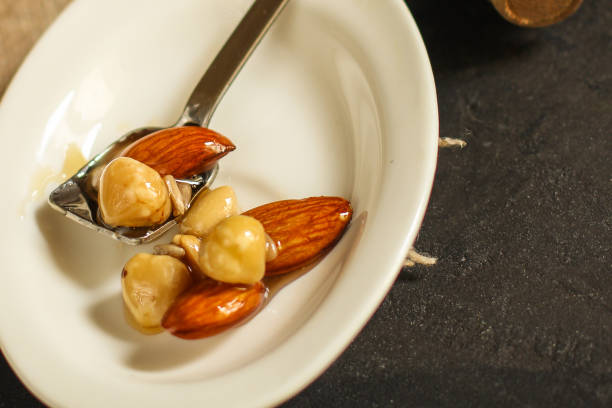 honey and nuts mix grain, seeds tasty and healthy dessert. top food background. copy space