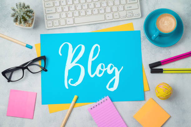 Blog and information website concept. Workplace  background with text.