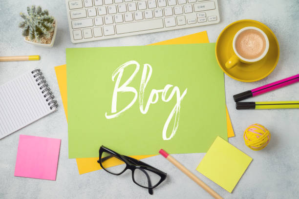 istock Blog and information website concept. Workplace  background with text. 1130150710
