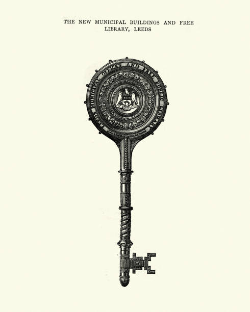 ilustrações, clipart, desenhos animados e ícones de chave de cerimonial para edifícios municipais e biblioteca, leeds, 1884 - leeds england town hall leeds town hall uk