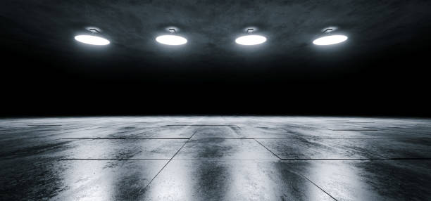 Photo of Modern Sci Fi Empty Stage Dome Ceiling Lights White Glowing On Dark Grunge Reflective Tiled Concrete Texture Floor Showroom Stage 3D Rendering