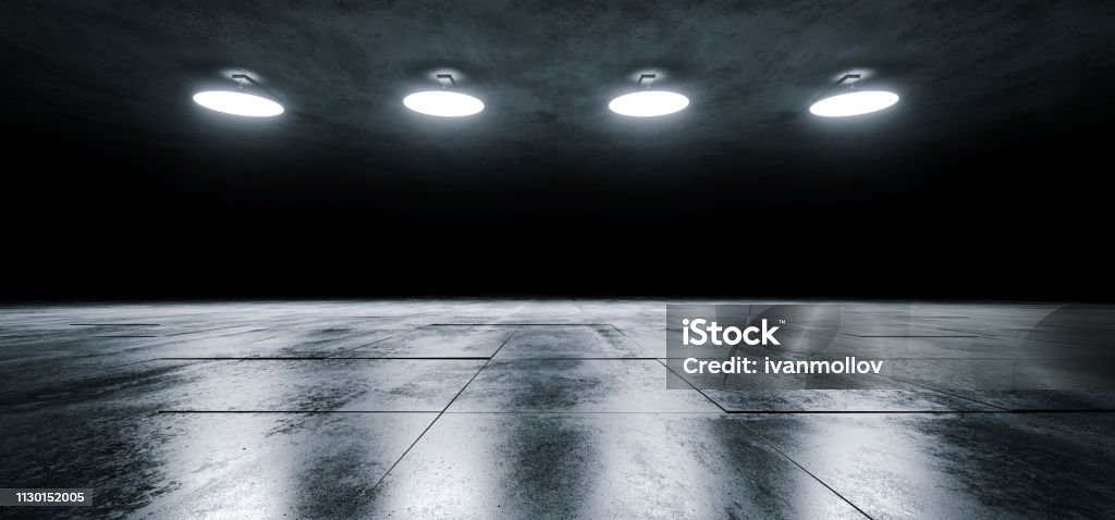 Modern Sci Fi Empty Stage Dome Ceiling Lights White Glowing On Dark Grunge Reflective Tiled Concrete Texture Floor Showroom Stage 3D Rendering Modern Sci Fi Empty Stage Dome Ceiling Lights White Glowing On Dark Grunge Reflective Tiled Concrete Texture Floor Showroom Stage 3D Rendering Illustration Warehouse Stock Photo