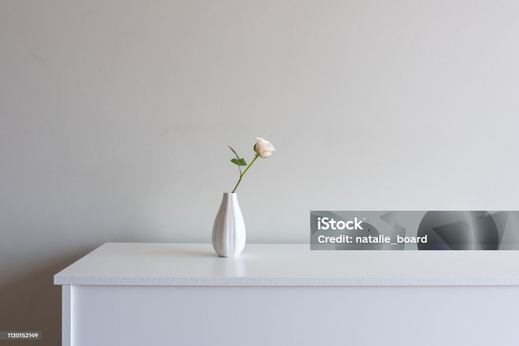 Single pale pink rose on white sideboard Close up of single pale pink rose in small vase on white sideboard against neutral wall background with copy space to right Vase Stock Photo