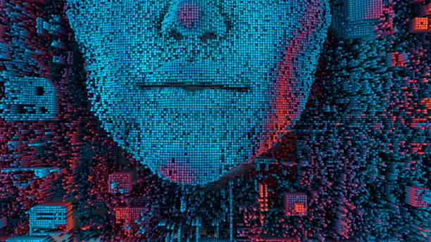 Artificial intelligence Abstract landscape made of tiny cubes and human-like face, artificial intelligence concept pixelated photos stock pictures, royalty-free photos & images