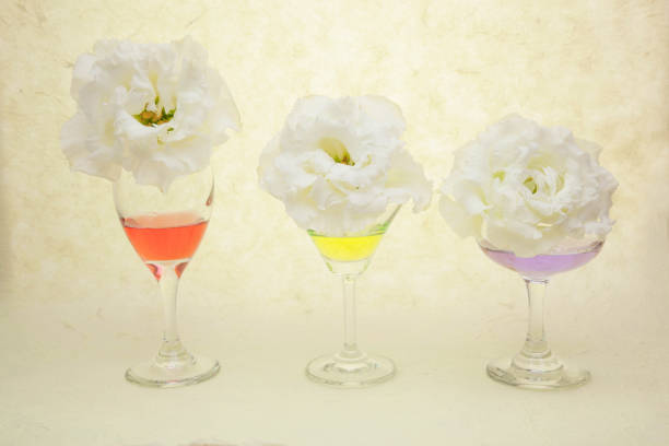 Pictured three glasses and lisianthus in a Japanese paper background.