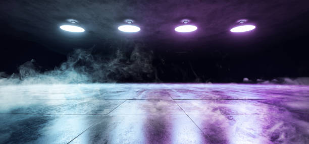 istock Smoke Fog Modern Sci Fi Empty Stage Dome Ceiling Lights Blue Purple Neon Glowing On Dark Grunge Reflective Tiled Concrete Texture Floor Showroom Stage 3D Rendering 1130152448