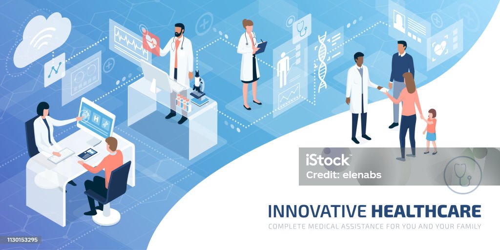 Professional doctors and patients in a virtual environment Professional doctors and patients in a virtual environment with user interfaces and screens, innovative healthcare concept Healthcare And Medicine stock vector