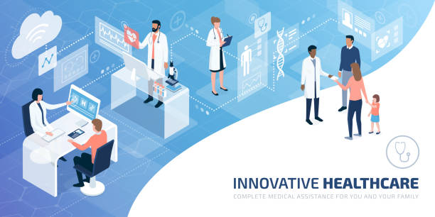 Professional doctors and patients in a virtual environment Professional doctors and patients in a virtual environment with user interfaces and screens, innovative healthcare concept medical research stock illustrations